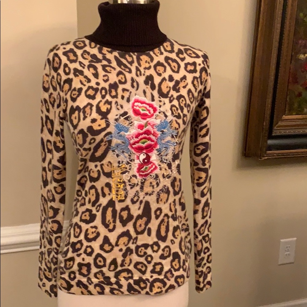 Bogner Beige Leopard Print Turtleneck Sweater with Floral Embroidery